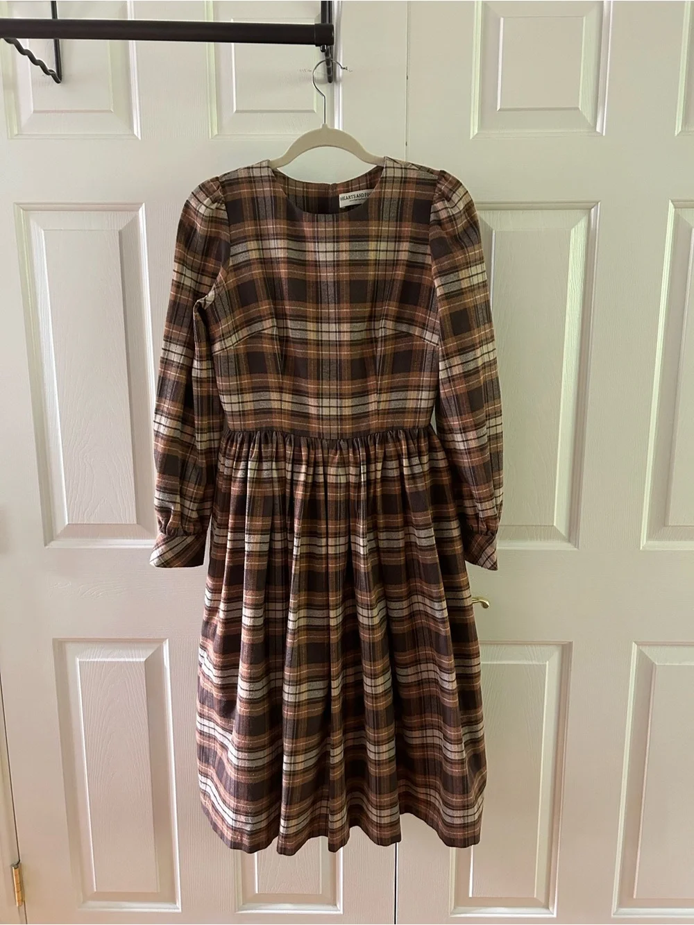 Hearts and Found Brown Plaid Long-Sleeve Vintage-Style Dress